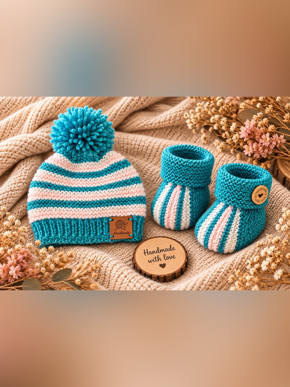 Handmade Teal, White & Pink Striped Baby Hat and Booties Set